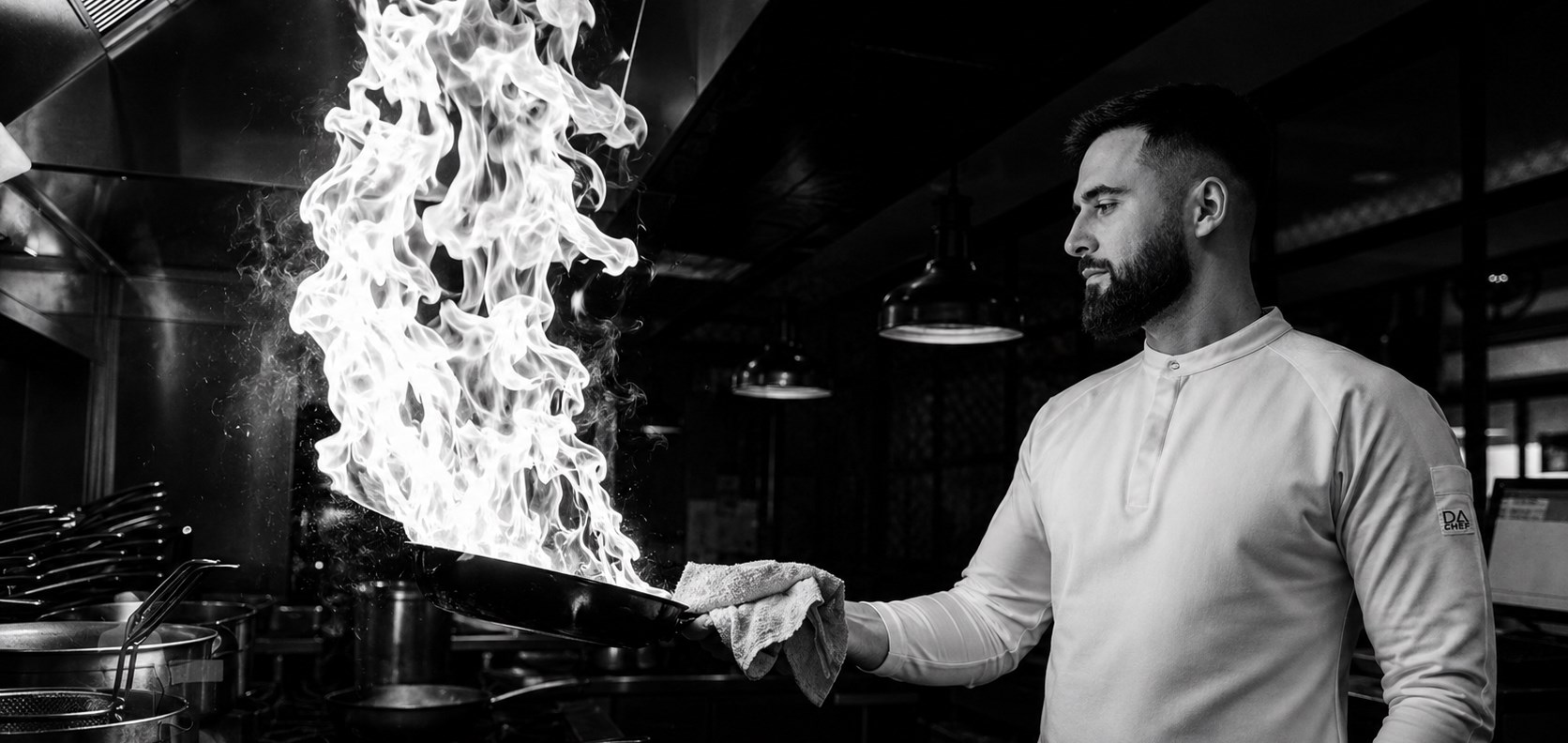 Повар DA CHEF в белом кителе на профессиональной кухне